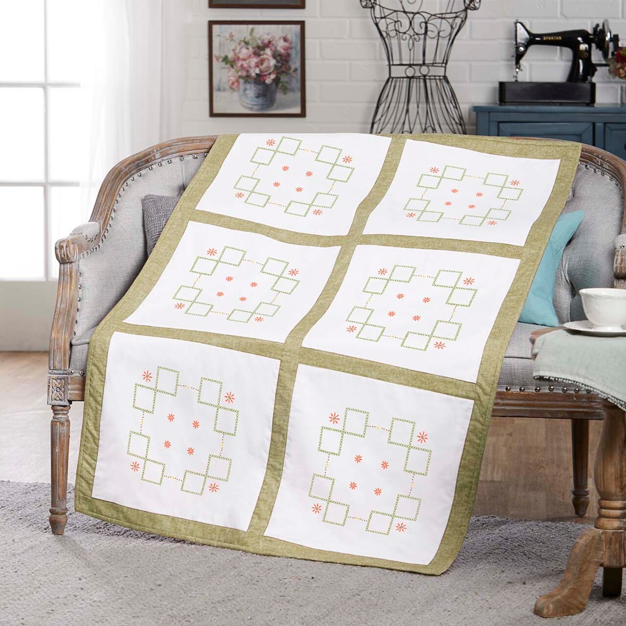 Herrschners Delilah Quilt Block Stamped Cross-Stitch & Stamped Embroidery